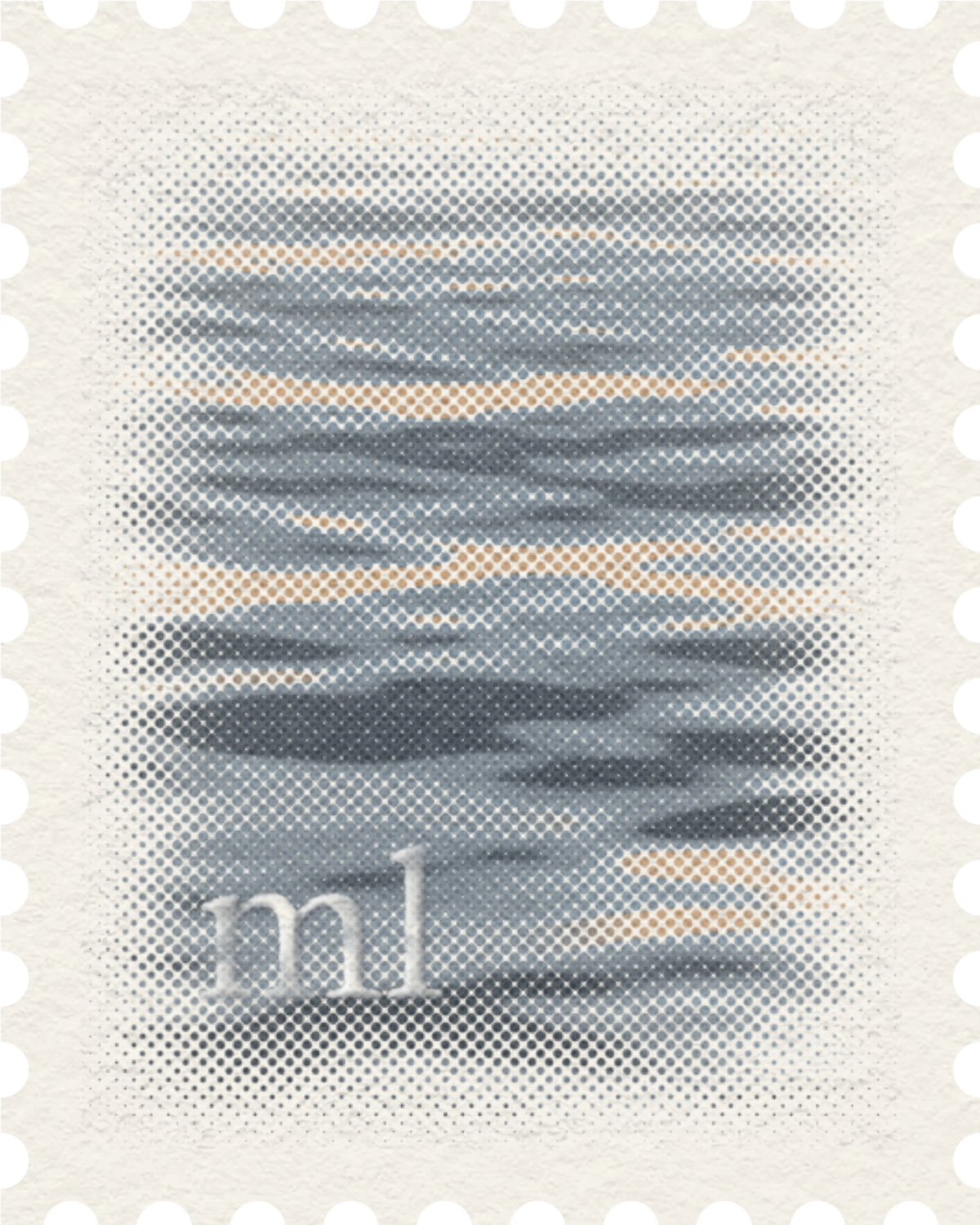 Postage stamp of long glassy swells of blue water, light catching on them in pale peach, the letters ml raised in the paper's colour in its lower left