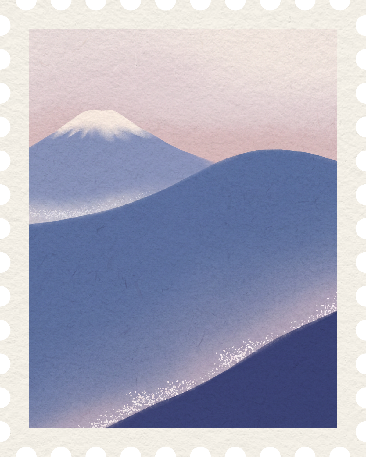Postage stamp of Mount Fuji over soft blue hills at dusk