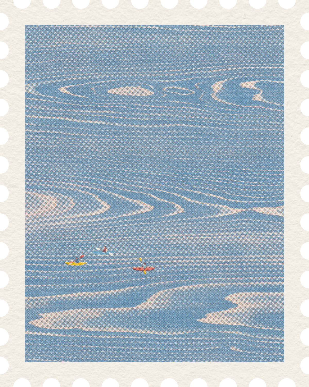 Postage stamp of kayaks on a blue wood-grain lake
