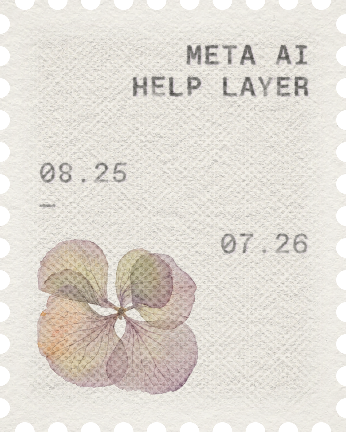 Postage stamp of a watercolour hydrangea over a pressed one, marked Meta AI Help layer, 08.25 to 07.26