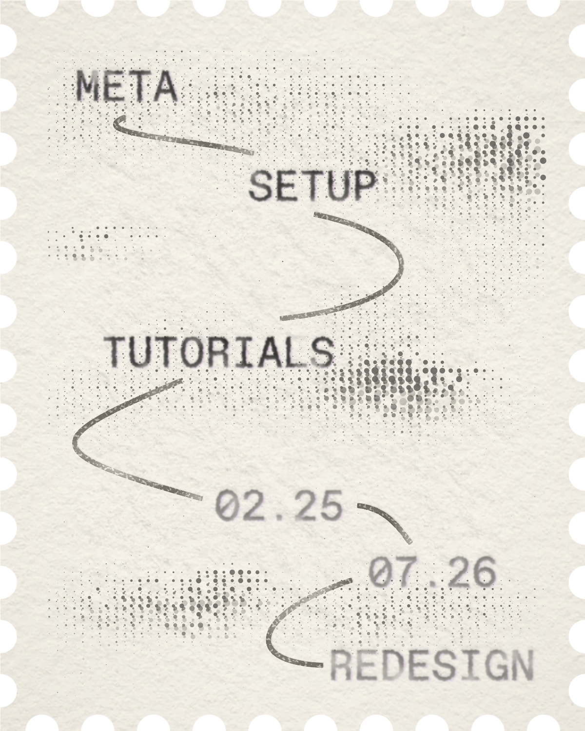 Postage stamp of the words Meta, Setup, Tutorials, 02.25, 07.26 and Redesign joined by thin swinging lines over halftone sprays of black ink on cream paper